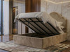 ​"Open Saffron Ottoman Bed in Beige Velvet Showing Large Internal Storage Capacity and Front Opening Gas Lift Mechanism"