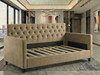 Meadow Day Bed frame in beige velvet shown without mattress revealing solid wooden slats and sturdy UK-made construction