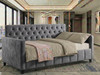 Modern grey velvet bespoke daybed showing thick foam padding and custom tufted details, handcrafted in Birmingham UK