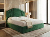 Aztec Ottoman Storage Bed Frame upholstered in luxurious forest green velvet fabric with Art Deco stepped headboard