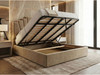 Aztec beige velvet bed with lift mechanism raised, demonstrating the spacious under-bed ottoman storage compartment