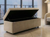 Blanca cream velvet ottoman storage bench open lid showing deep internal storage capacity and heavy duty lifting hinges