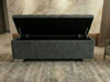 Alicia Ottoman storage bench with lid open showing spacious internal storage compartment in Charcoal Linen fabric.