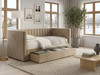 Beige velvet upholstered Basil Day Bed highlighting strong construction, a fluted backrest, and plain padded arms