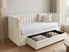 This image displays a pale cream velvet Basil Day Bed with its heavy-duty jumbo storage drawer pulled open, demonstrating the maximum under-bed storage space available for bedding and clutter.
