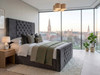 Charcoal grey velvet ottoman storage bed with premium wing headboard and handcrafted tufted details