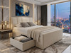 Upholstered bed frame with storage, showing the massive pull-out jumbo drawer extended from the side of the bed base.