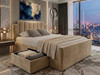 Beige velvet Violeta upholstered bed frame by Hush My Bed, with the heavy-duty jumbo side drawer open to display ample hidden storage space.