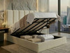 Off White Bouclé Ottoman Bed open, displaying full-capacity under-bed storage and gas-lift mechanism