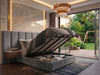 Elvira ottoman storage bed in Steel Atlanta Soft Teddy with the gas-lift base open, showing the large storage area underneath