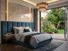 Elvira ottoman storage bed with side panels in Teal Atlanta Soft Teddy, side view showing the deep channelled headboard and upholstered base