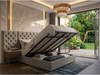 Steel grey ottoman bed, gas-lift storage open