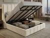 Cream velvet Celina Ottoman Bed Frame in the open position, showing the triple-reinforced, heavy-duty gas lift storage area with solid base boards