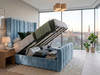Blue velvet Luisina ottoman bed open showing the under-bed storage
