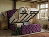 Melibea Ottoman Storage Bed in amethyst velvet, shown with the ottoman base fully lifted to reveal a large, solid-bottom storage space perfect for bedding and clothing