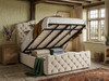 Melibea Ottoman Storage Bed in cream velvet, displayed with the mattress lifted to highlight the expansive, easy-access ottoman storage compartment