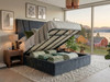 Grey velvet Asta Ottoman bed frame with the easy-lift mattress base raised, revealing a spacious under-bed storage area with solid base boards
