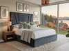 Asta ottoman storage bed in grey velvet with an Art Deco sunburst channel headboard, handmade in Birmingham