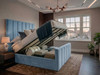 Sky blue velvet Anette Ottoman Bed raised open, revealing an easy-access hidden storage compartment