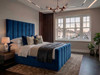 Deep blue velvet Anette Ottoman Storage Bed with a striking tall statement headboard, made in Great Britain
