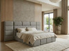 A luxurious ottoman bed upholstered in Grey Tweed wool-textured fabric, featuring an extra-wide headboard and positioned in a grand, elegantly decorated bedroom setting.
