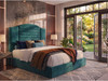 Side view of the Haven Ottoman Storage Bed Frame in Teal Atlanta fabric, showing the curved headboard profile and upholstered frame.