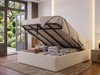 Nora ottoman bed base in white ivory Atlanta fabric with the gas-lift lid open, showing the deep storage area with huge capacity for bedding and blankets
