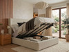 Linnea wingback ottoman bed in mink Atlanta fabric with the gas-lift base open, showing the large storage area underneath the mattress