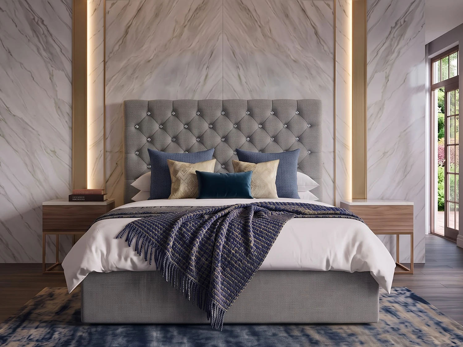 Luisa ottoman storage bed in steel Atlanta fabric with a diamond tufted headboard, handmade by Hush My Bed in Birmingham
