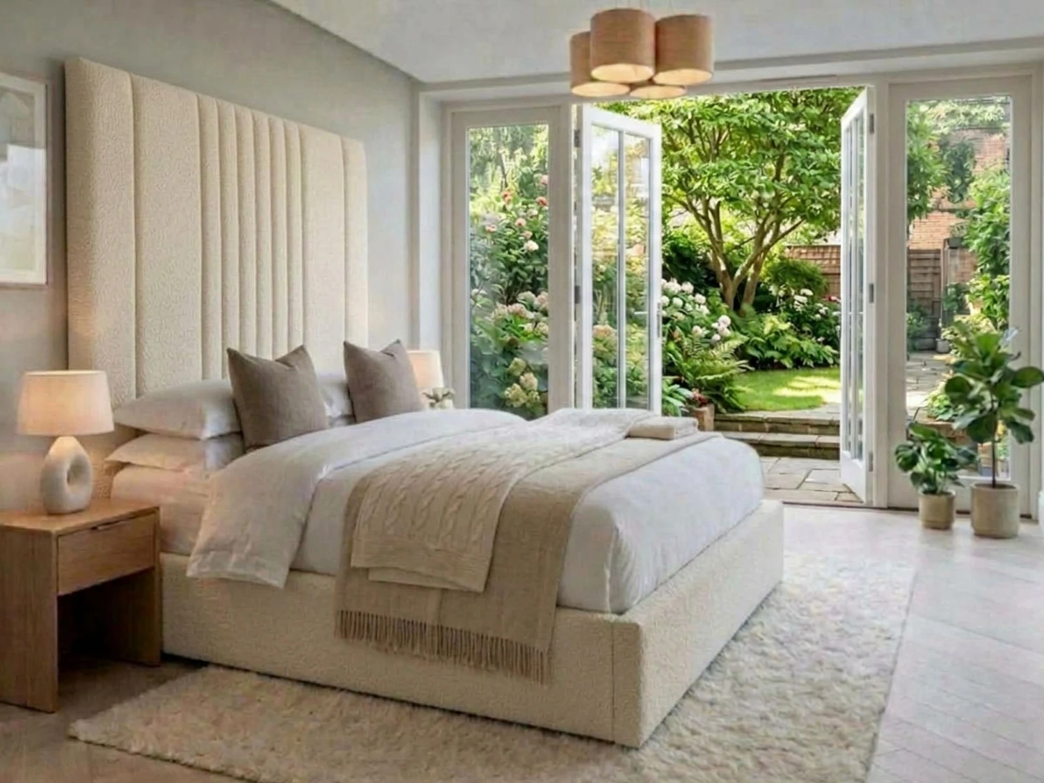 Korina extra high ottoman bed with a tall channelled headboard and no footboard