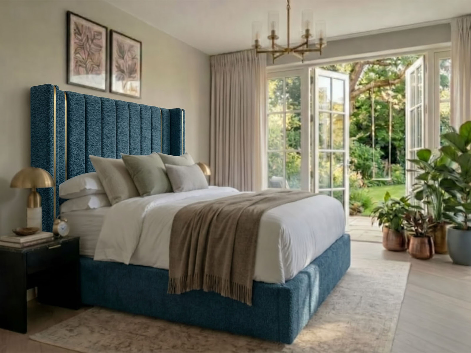 Oksana wingback ottoman bed in teal with gold accent strips