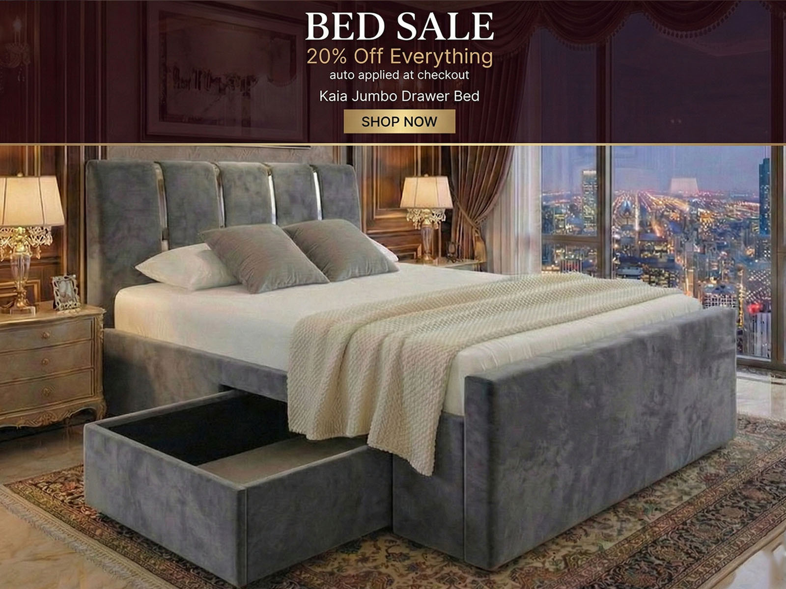 Full view of Kaia Jumbo Drawer Bed in luxury fabric available with 20% off sale discount