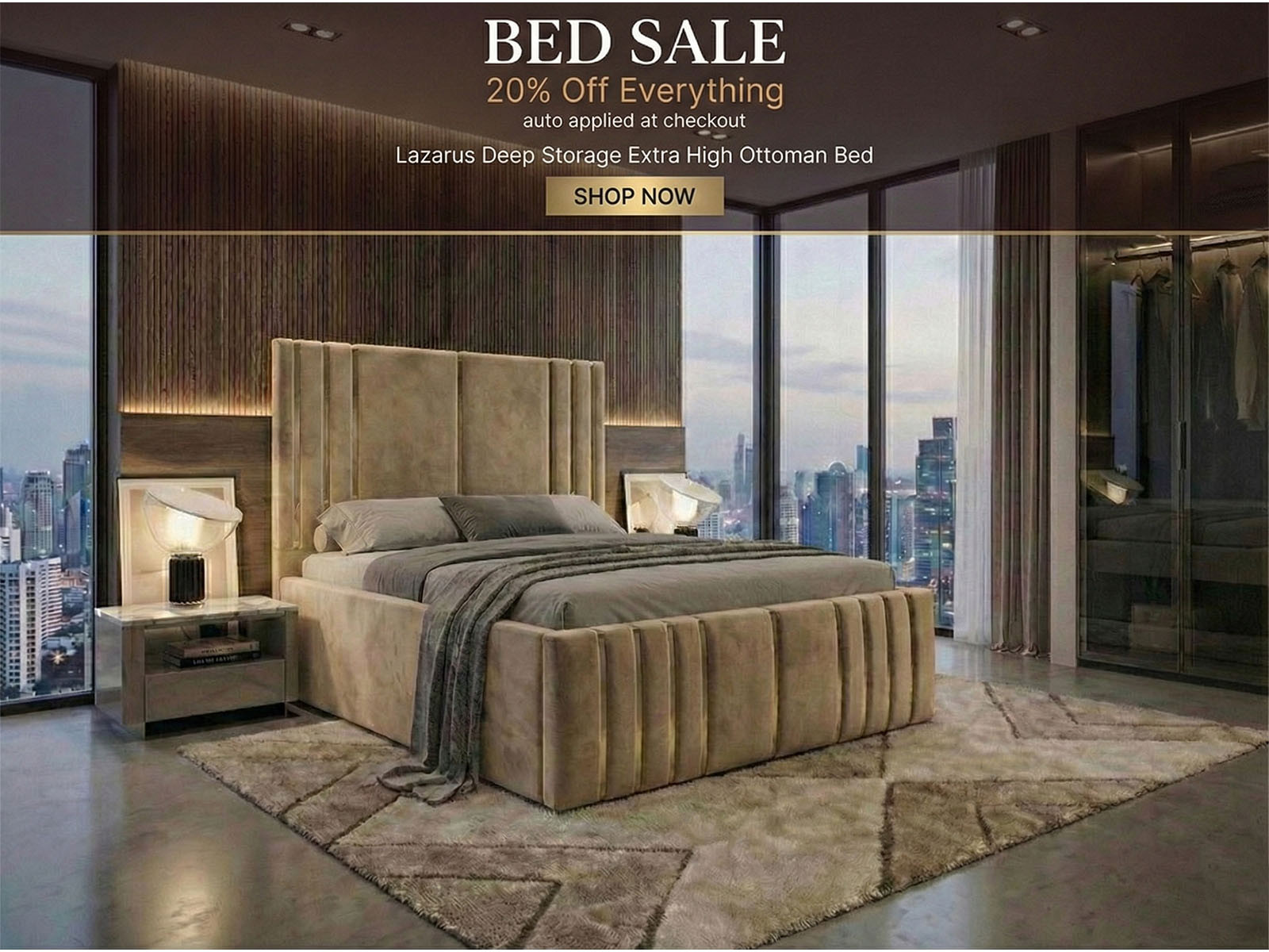 Lazarus Deep Storage Extra High Ottoman Bed sale 20% off everything. Luxury high headboard bed frame with gas-lift storage mechanism.