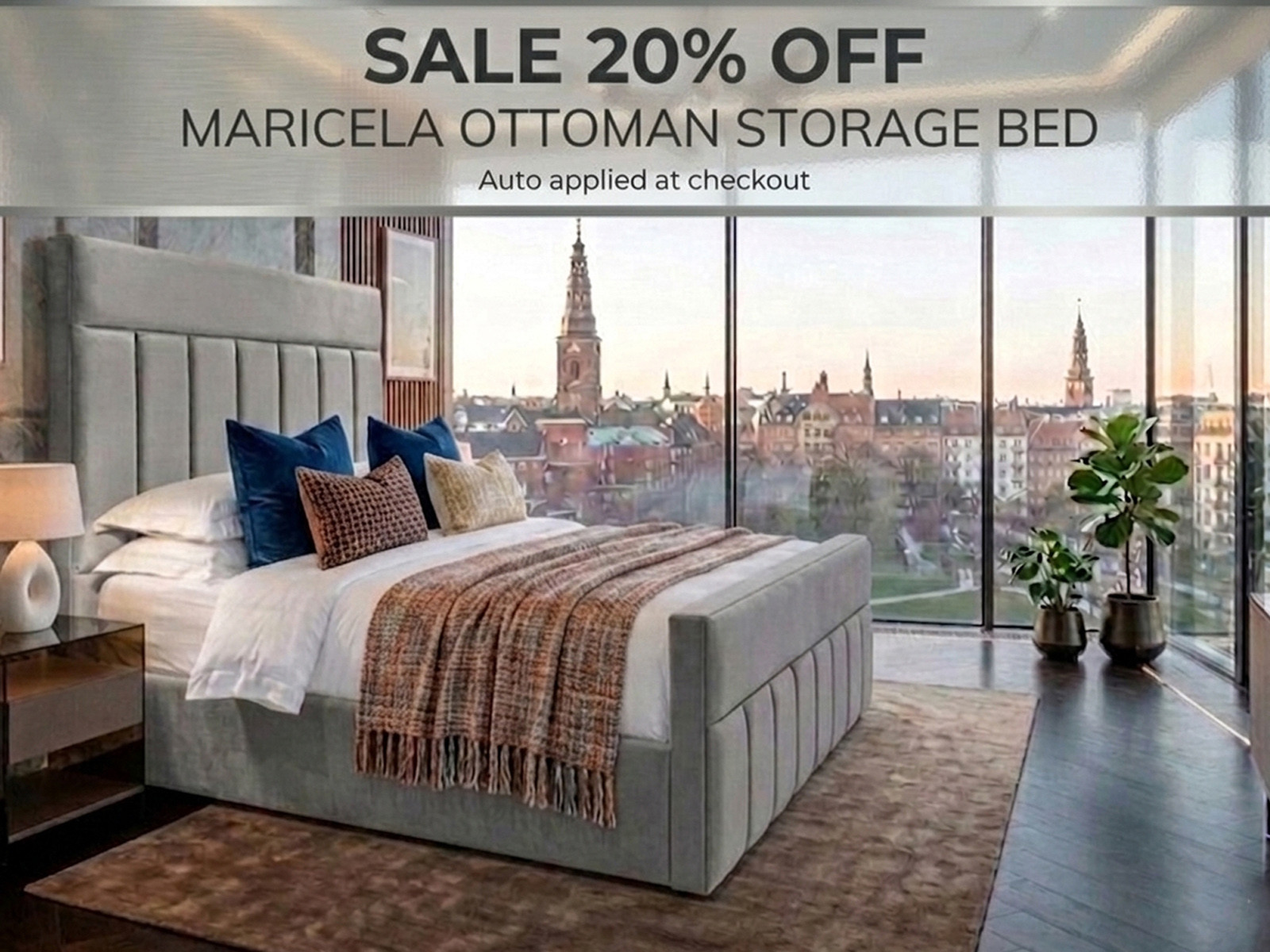 The Maricela ottoman storage bed, featuring an overlay announcing a 20% off sale.