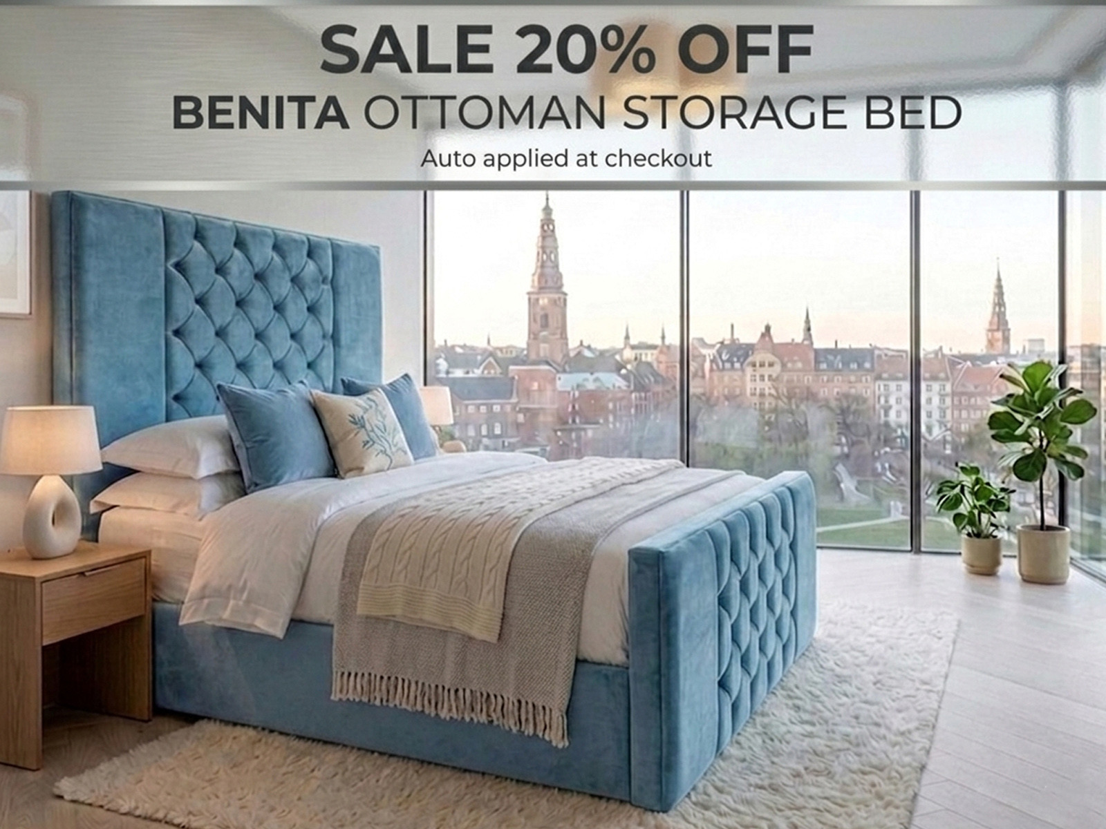 A fully made Benita ottoman storage bed in a styled bedroom setting, with promotional text highlighting a 20% off sale