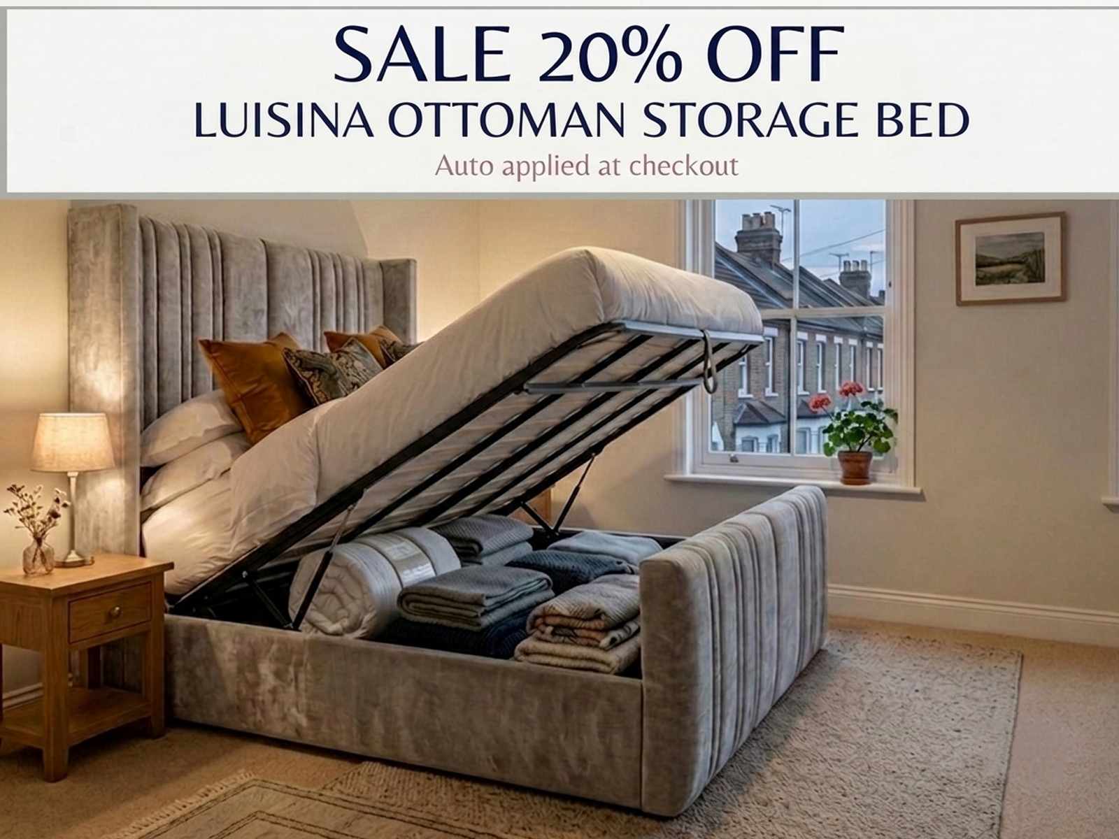 Luisina ottoman storage bed, currently on sale for 20% off