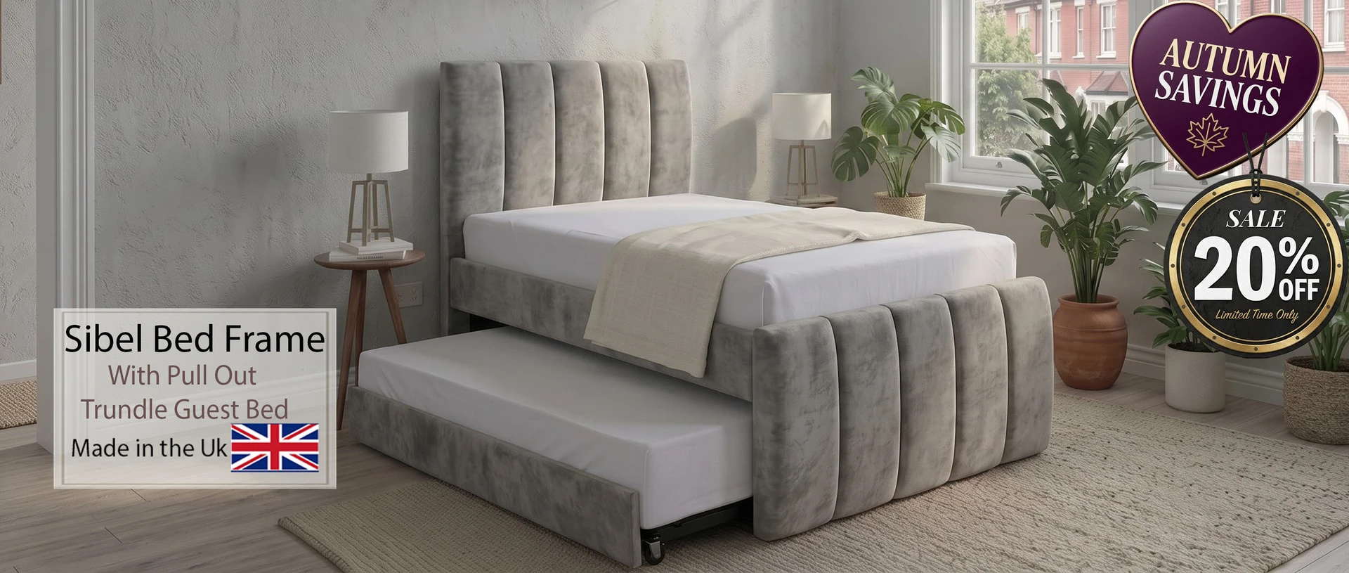 Sibel upholstered daybed frame with a pull-out trundle guest bed by Hush My Bed.