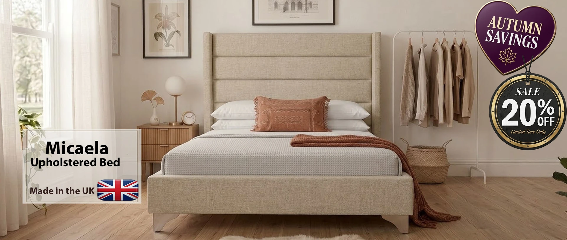 Micaela wingback upholstered bed in beige textured fabric with horizontal panel headboard – Autumn Savings 20% off, made in the UK