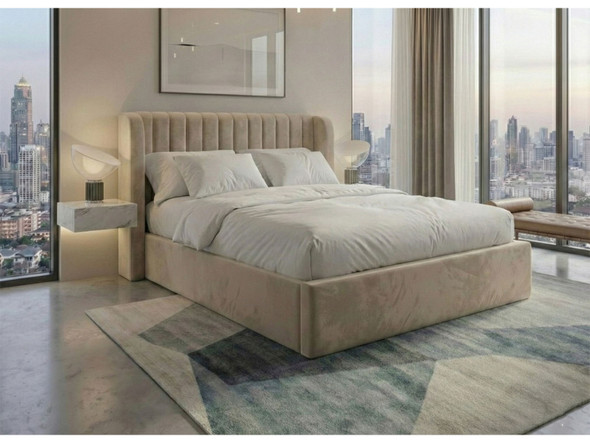 Full view of Candela Cream Velvet Ottoman Bed Frame featuring fluted winged headboard and low footboard