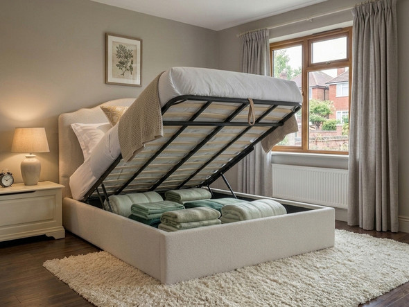 Emma Ottoman bed frame in soft ivory teddy fabric, with the mattress base lifted open to reveal a spacious internal storage compartment.
