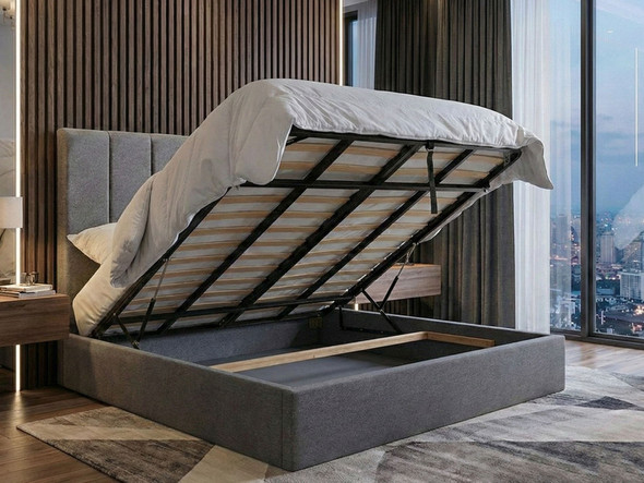 Eugenia Ottoman Bed in Grey Linen fabric with gas lift base open showing large internal storage capacity and solid base boards