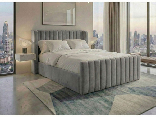 Grey velvet ottoman storage bed frame modern winged design made in UK