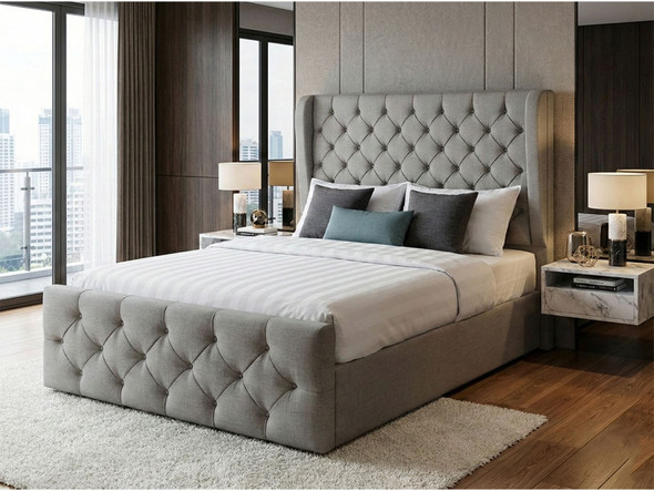 Anabel Winged Headboard Ottoman Bed Frame in Grey Linen Fabric - Full View of Luxury Upholstered Storage Bed
