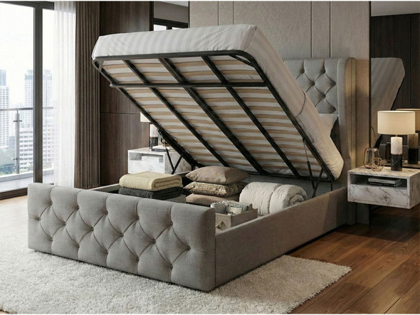 Anabel Grey Linen Ottoman Storage Bed Frame Open with Gas Lift Mechanism Showing Spacious Under-Bed Storage Capacity