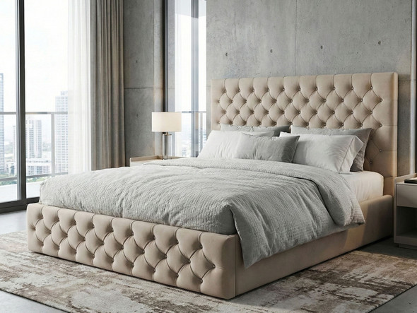 Full view of Azucena deep buttoned Chesterfield Ottoman Bed upholstered in soft Cream Velvet fabric