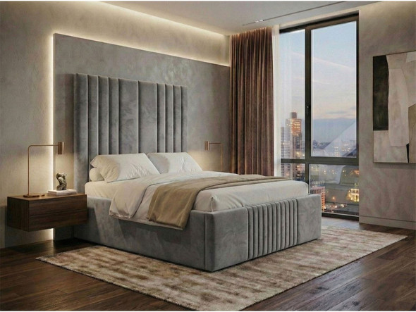 Marina Extra High Ottoman Bed Frame in Grey Velvet features bespoke tall headboard and premium ottoman storage base