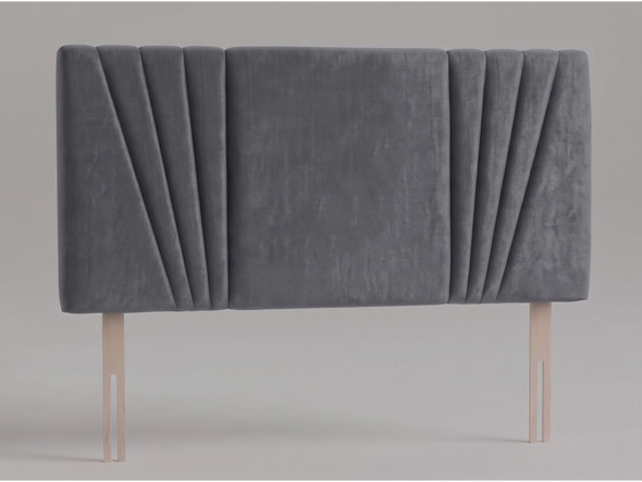 Riviera bed headboard in Grey velvet fabric with a smooth centre panel between fanned side channels and wooden fixing struts