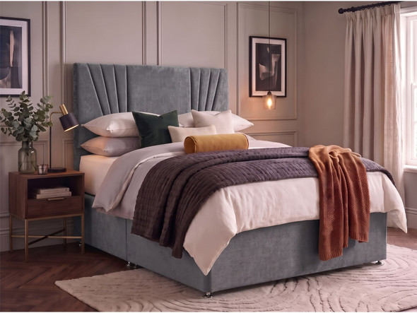 Riviera fan panel headboard in Charcoal velvet fabric shown with a matching divan bed set