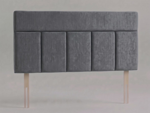 Belmont bed headboard in Grey fabric with a horizontal padded top band above vertical panels and wooden fixing struts