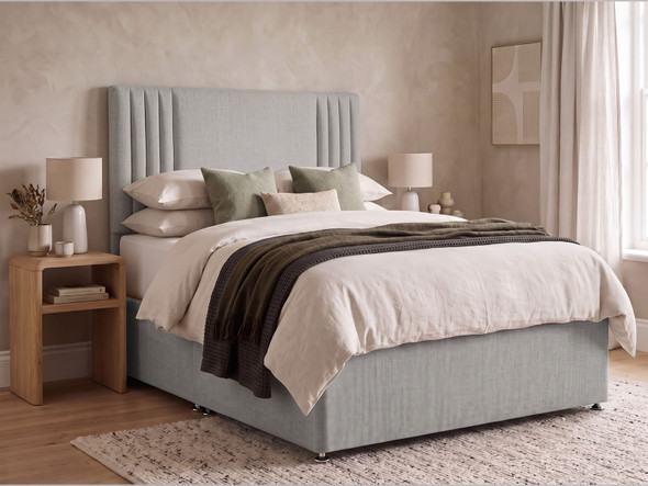 Brixton pinstripe panel headboard in Silver Atlanta fabric shown with a matching divan bed set